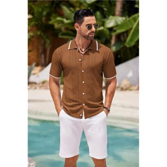 Mens Knit Button Down Shirt Short Sleeve Polo Casual Slim Fit Beach Top - Picture 6 of 7